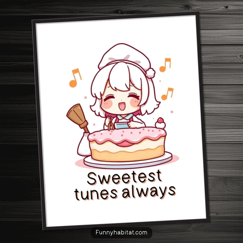 Funny digital art print of a happy character humming and baking a cake, creating a joyful and humorous atmosphere in any room.