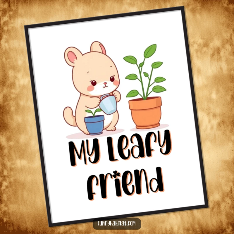 Funny digital art print of a small, happy animal character watering a tiny indoor potted plant, for immediate download.