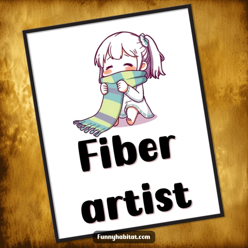 Funny digital art print of a character blissfully knitting a long, vibrant, multi-colored scarf with a serene expression.