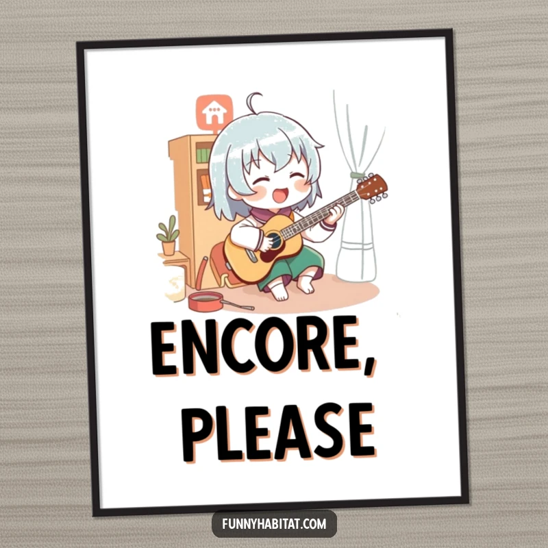 Funny digital art print of a character energetically playing a musical instrument with passion in a cozy, inviting room.