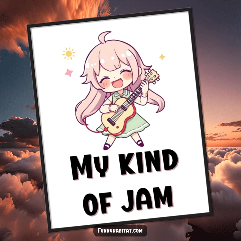 Funny digital art print of a character enthusiastically playing a musical instrument, showcasing dynamic energy and musical passion.