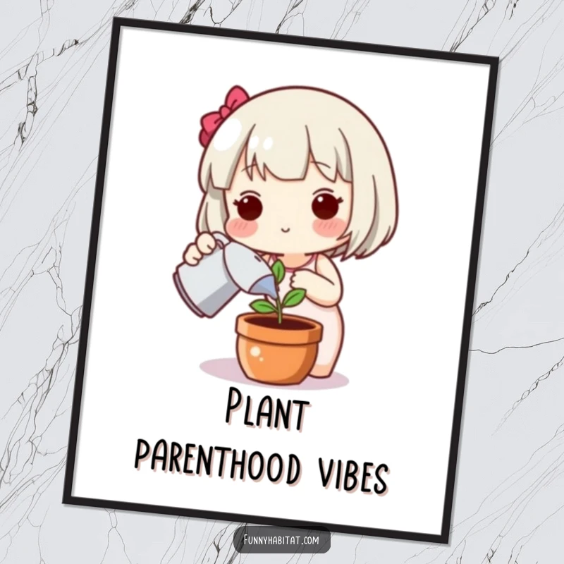 Funny plant digital art print, a cute character happily watering a small plant, perfect for adding peaceful and charming decor.