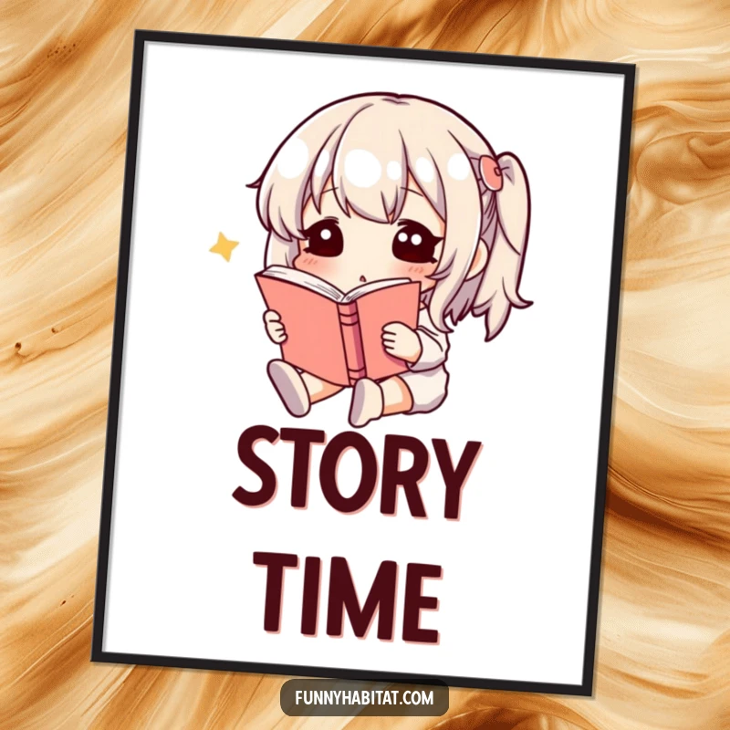 Funny Digital Art Print of a tranquil character deeply engrossed in a book, adding charming literary humor to any digital display.