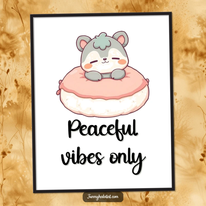 Funny Digital Art Print of a contented animal character lounging in ultimate relaxation on a fluffy cushion, full of serene humor.