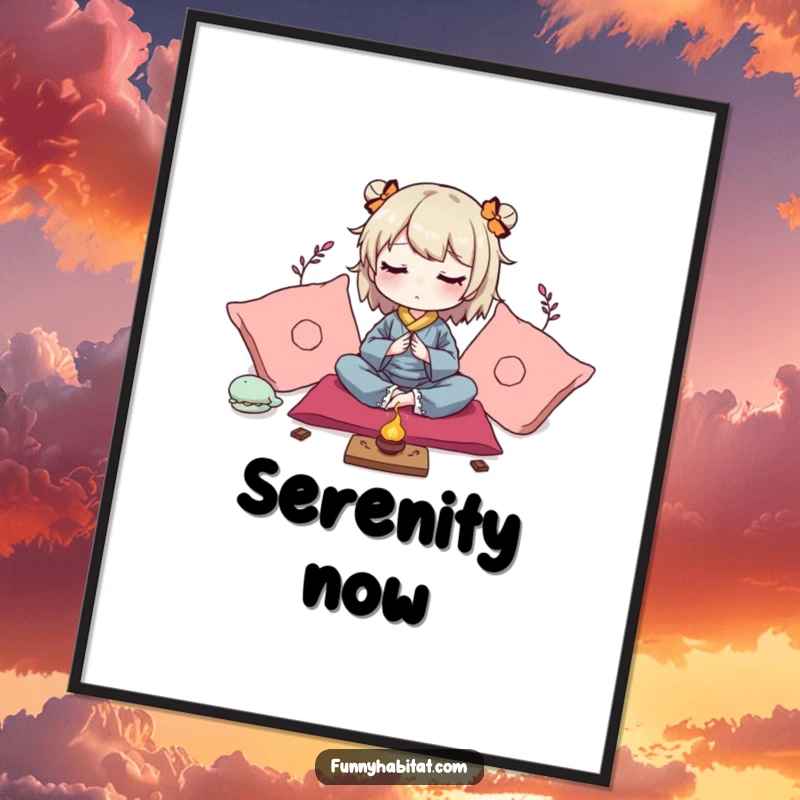 Funny digital art print of a peaceful character meditating amongst soft cushions and gentle incense, ready to frame.