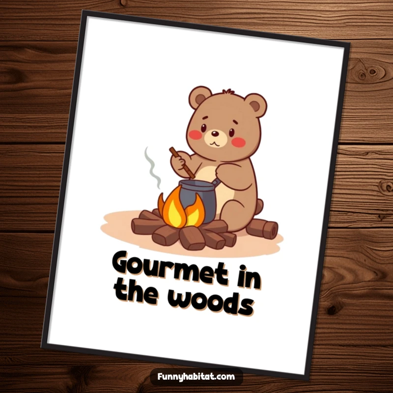 Funny bear character stirring a pot over a small campfire, humorous and cozy woodland-themed digital art print.