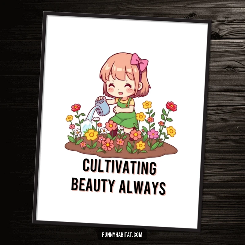 Funny digital art print of a character watering blooming flowers, symbolizing growth, joy, and gardening enthusiasm.