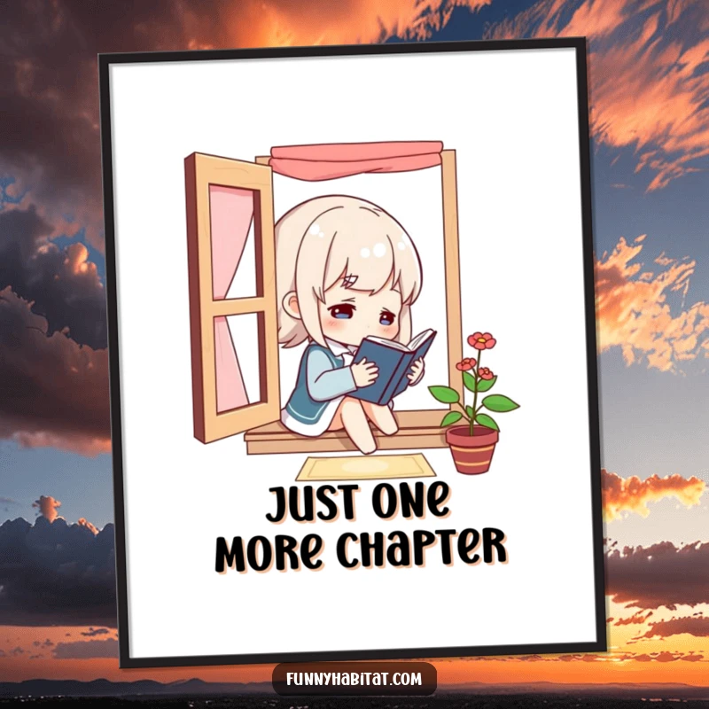 Funny character reading a book by a window, digital art print for instant download, symbolizing a love for books and peaceful humor.