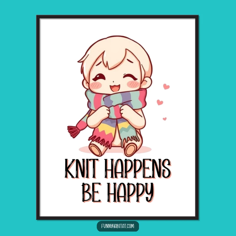 Funny Knitting Digital Art: Content Knitter's Smile & Colorful Scarf Print
