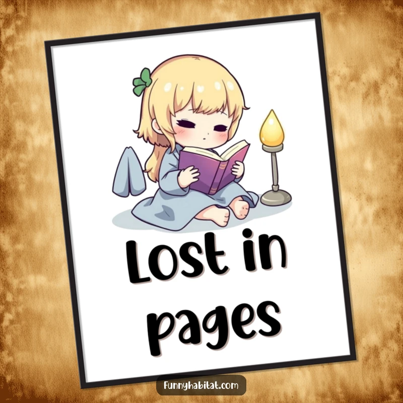 Funny digital art print of a cute character reading a book by a softly glowing lamp, offering cozy and humorous wall decor.