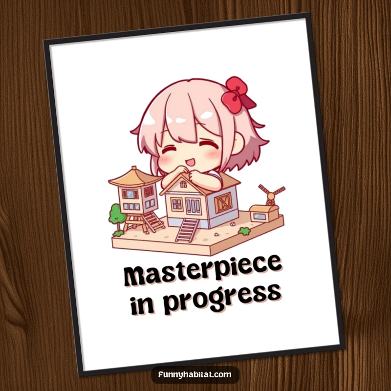 Funny digital art print of a character happily building a small, intricate model structure, evoking focus and creativity.