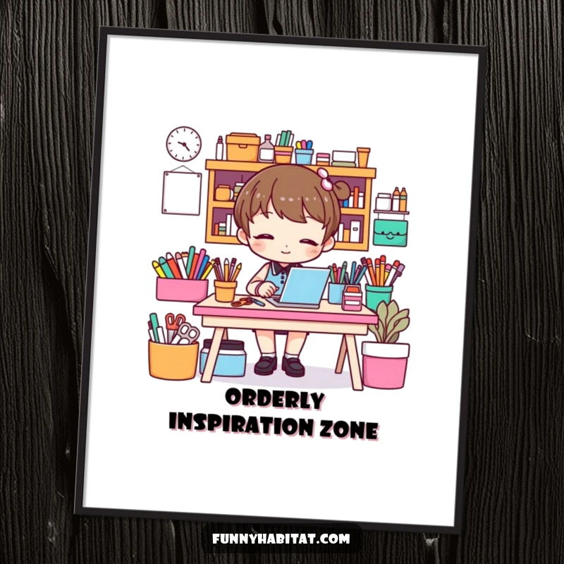 Funny digital art print of a character diligently organizing a colorful craft desk, perfect for humorous home or office decor.