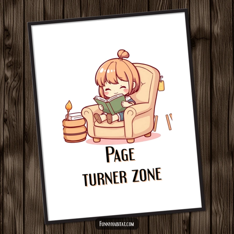 Funny digital art print of a character deeply engrossed in reading a book while relaxing in a cozy armchair.