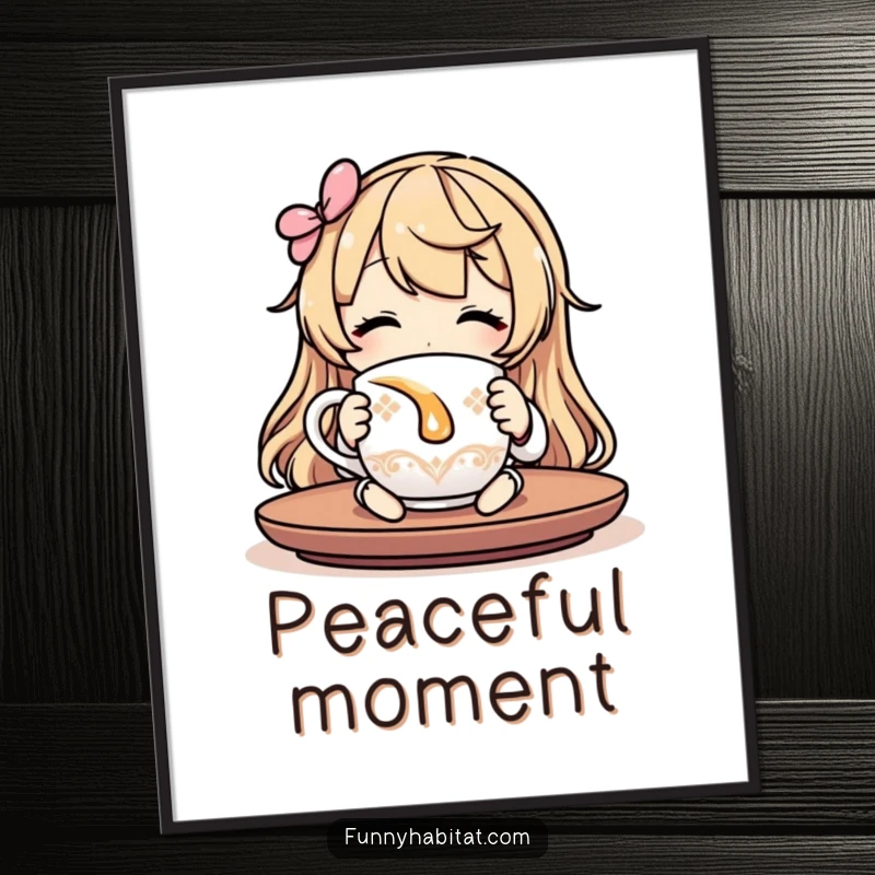 Funny relaxing digital art print of a character contentedly sipping tea, ready to print for humorous wall decor.