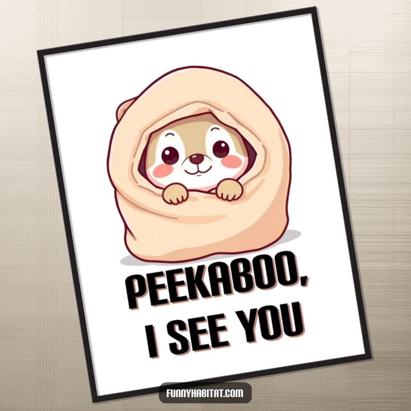 Funny Digital Art Print of a playful animal character peeking from behind a cozy blanket, evoking a sense of playful curiosity and humor.