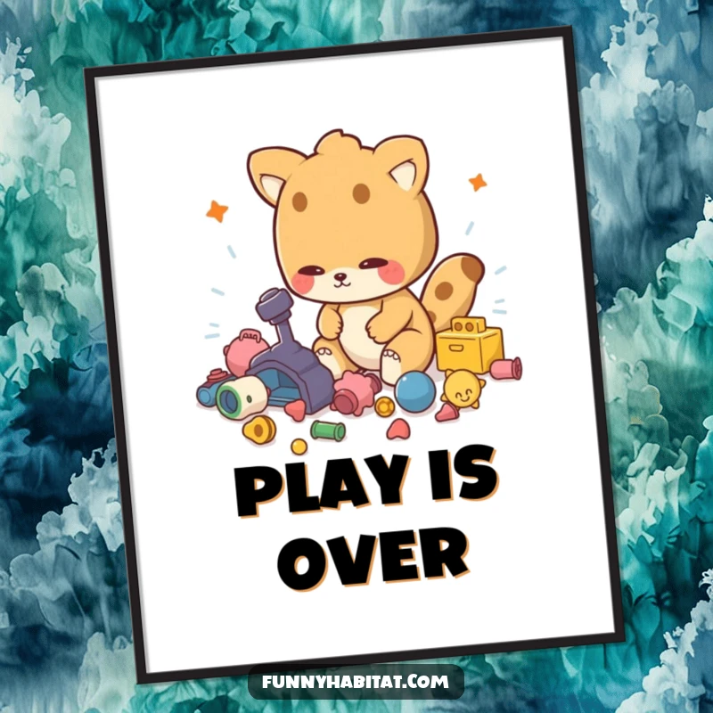 Funny digital art print of an energetic animal character tidying scattered toys, perfect for immediate download.
