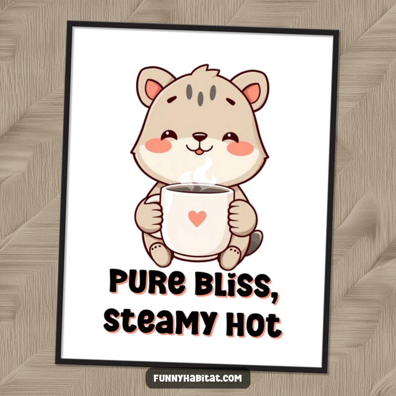 Funny Digital Art Print of a cheerful animal with a happy smile, holding a steaming mug, radiating warmth and humorous joy.