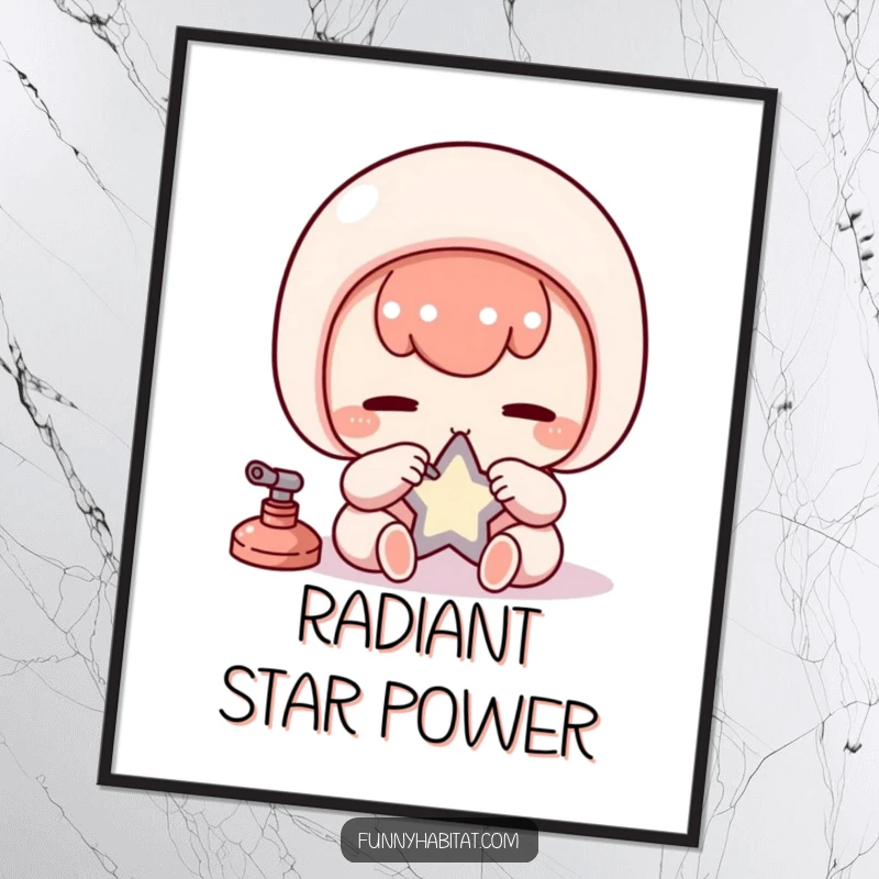Funny Kawaii Digital Art Print, a diligent character carefully polishes a small star, symbolizing focus.