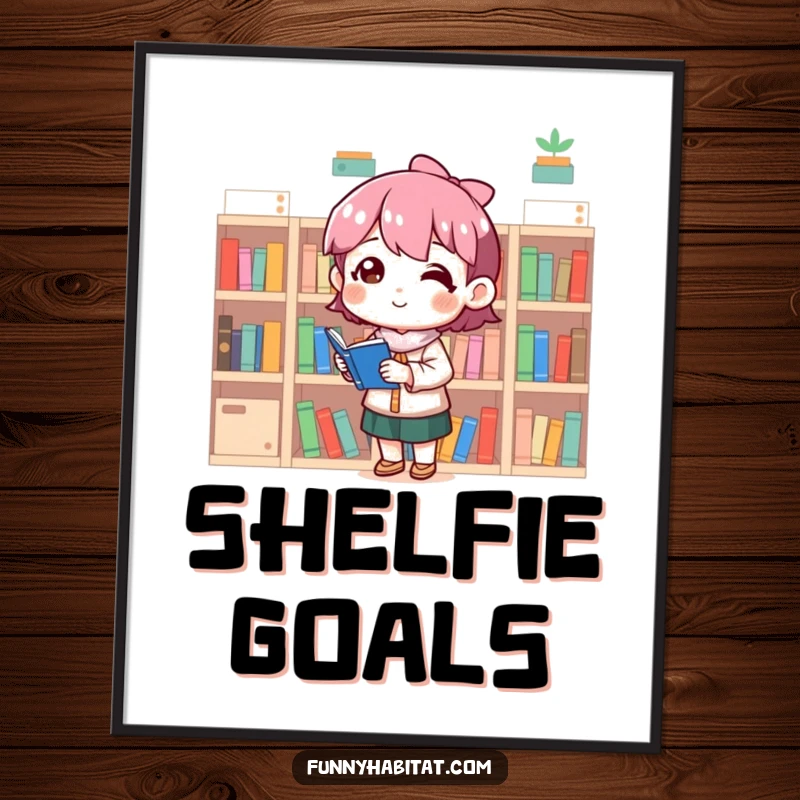 Funny digital art print of a character meticulously organizing tiny bookshelves with a satisfied smile and a look of accomplishment.