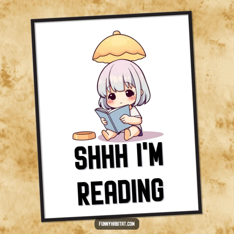 Funny Digital Art Print: A character engrossed in a book, illuminated by a soft illustrated lamp.