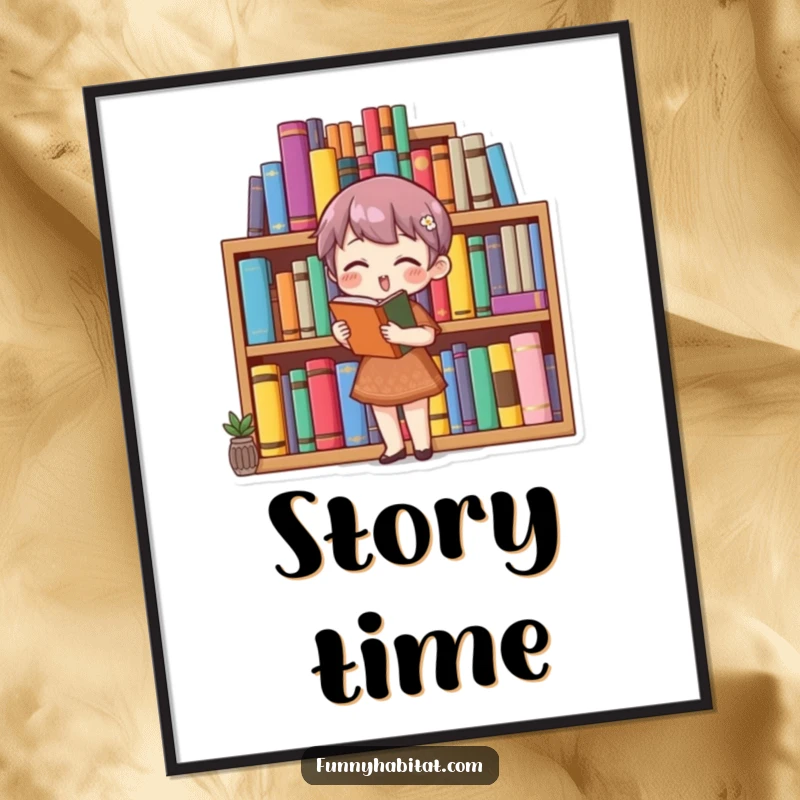 Funny book lover digital art print of a character organizing a bookshelf, ready to print for humorous literary decor.