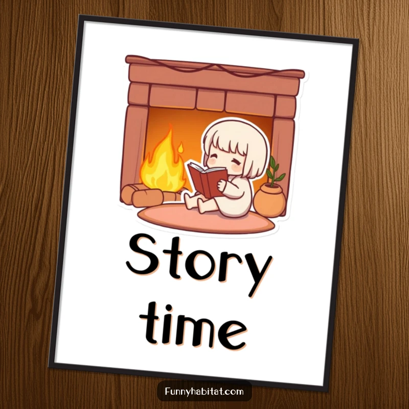 Funny digital art print of a cute character contentedly reading a book by a warm, glowing fireplace.