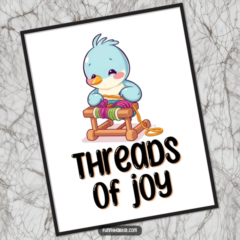 Funny bird character arranging colorful yarn on a miniature loom, humorous and charming digital art print for decor.