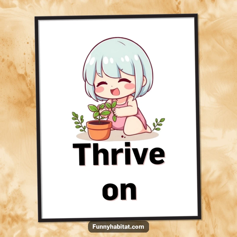 Funny digital art print of a cheerful character happily tending to a small potted plant, symbolizing growth and care.