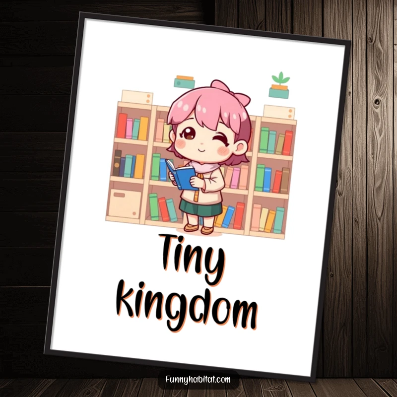 Funny digital art of a content character meticulously arranging tiny bookshelves, perfect for wall decor and humorous gifts.