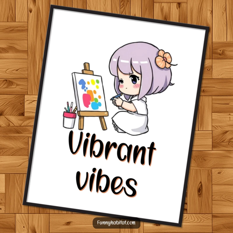 Funny digital art print of a character concentrating on painting a colorful picture, offering motivational and humorous wall decor.