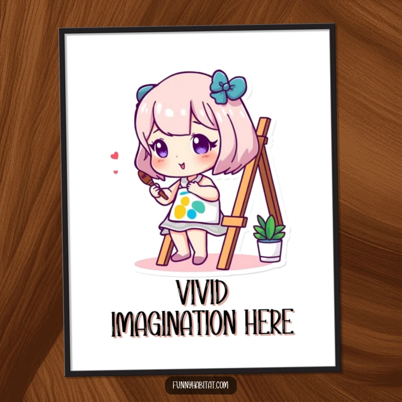 Funny digital art print of an artistic character painting a small, colorful canvas with joy and flair, perfect for wall decor.