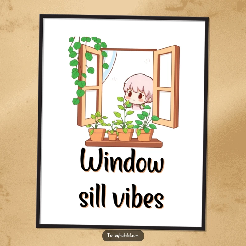 Funny digital art print of a cute character happily watering a small, vibrant potted plant in a window, ready to frame.
