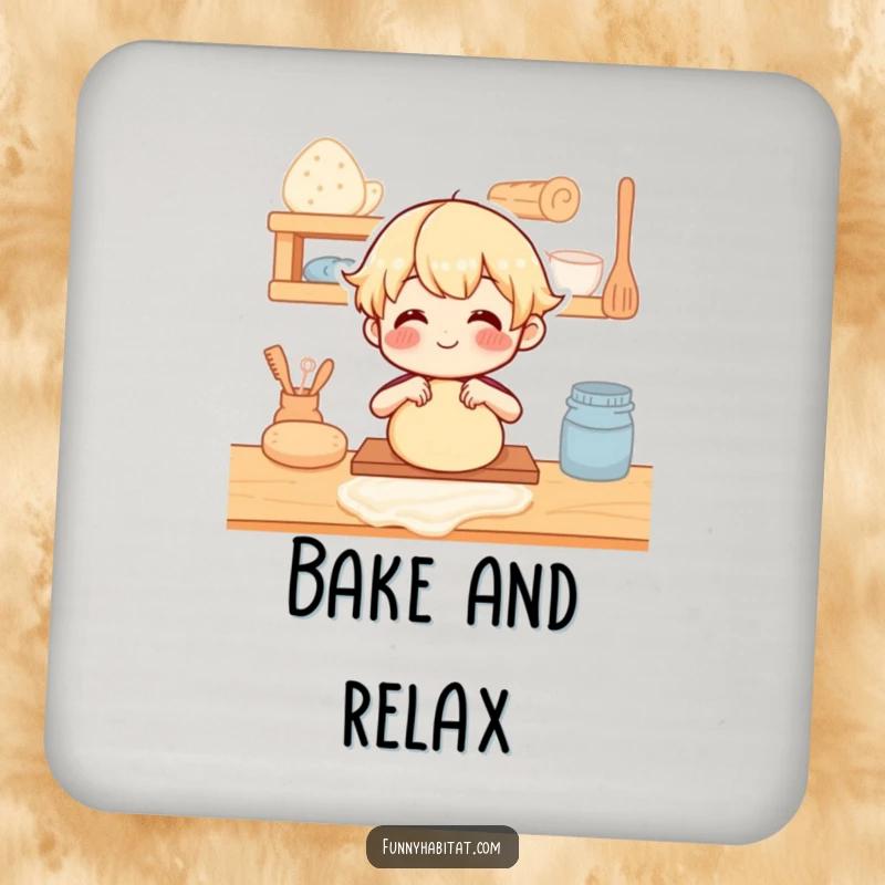 Funny Coaster: Illustration of a happy character kneading dough on a wooden counter, protecting surfaces.
