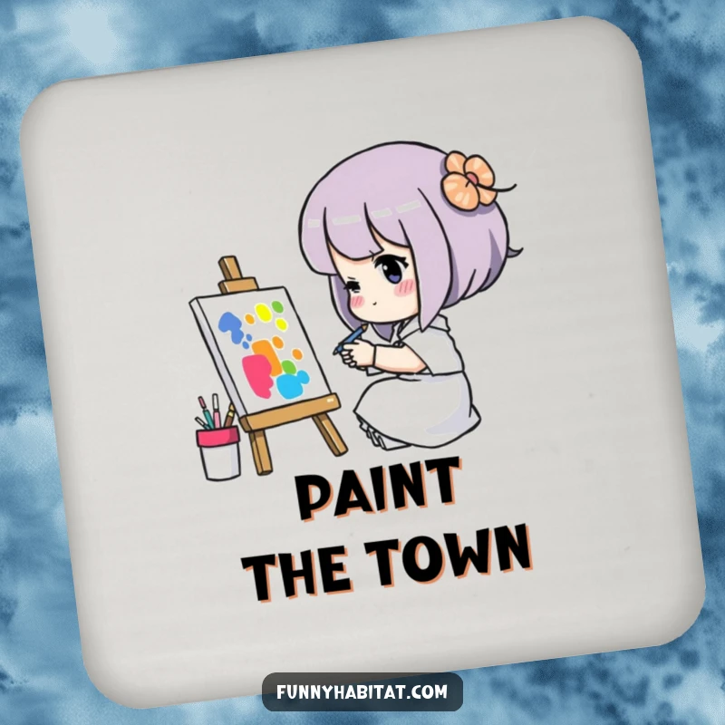 Funny drink coaster with a character concentrated on painting a colorful picture, protecting surfaces with artistic humor.
