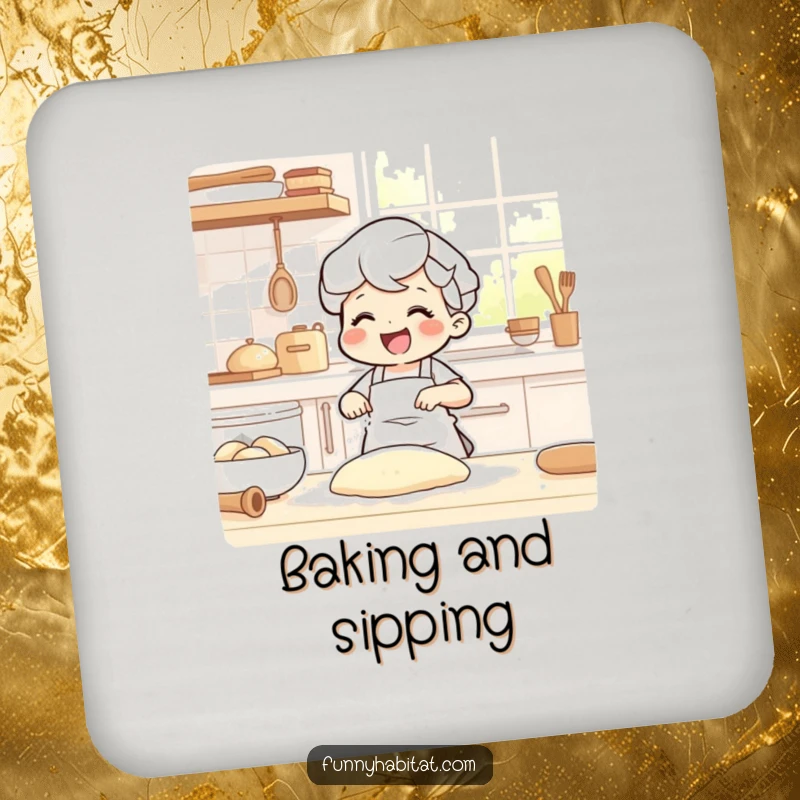 Funny drink coaster with a joyful character happily kneading dough in a sunlit kitchen, protecting surfaces.