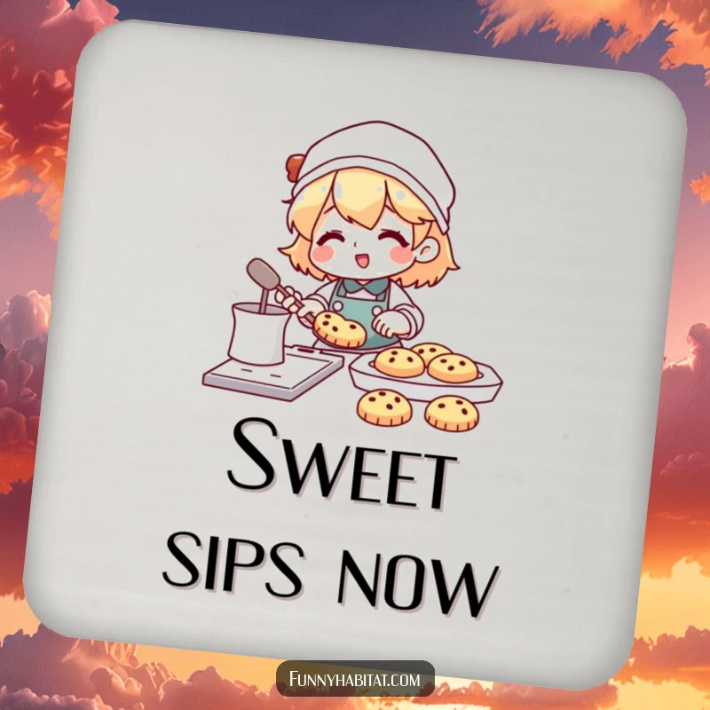 Funny drink coaster showing a character happily baking cookies, with a tray full of treats nearby.