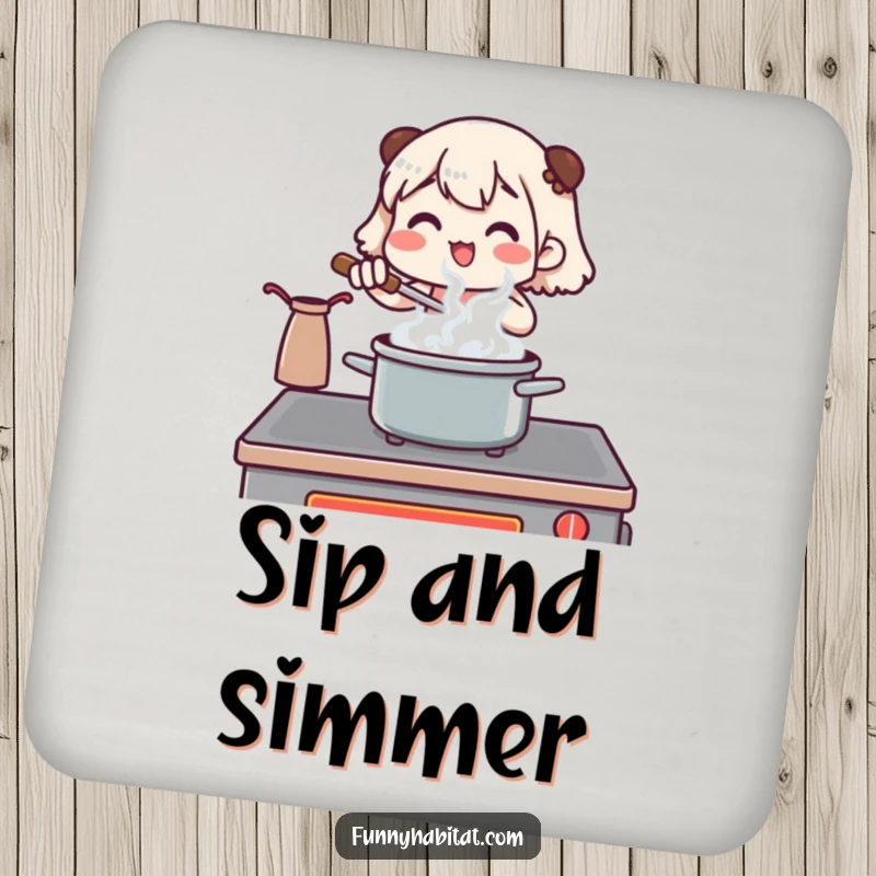Funny drink coaster with a character stirring a pot at a stove, steam rising, protecting surfaces with humorous culinary charm.