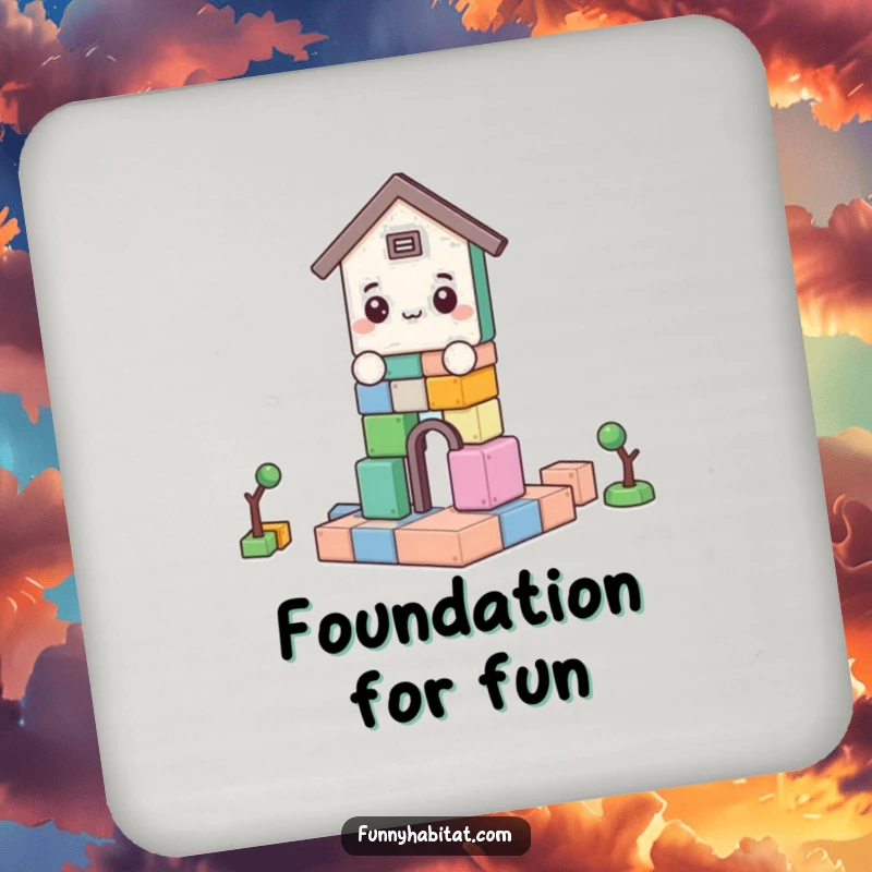 Funny drink coaster showing a character stacking building blocks, adding a decorative and humorous element to tabletops.