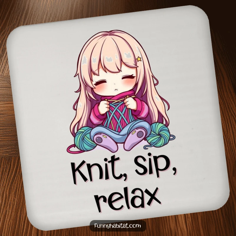 Funny Drink Coaster: A character intently knits with colorful yarn, offering a humorous touch of craft passion to surfaces.
