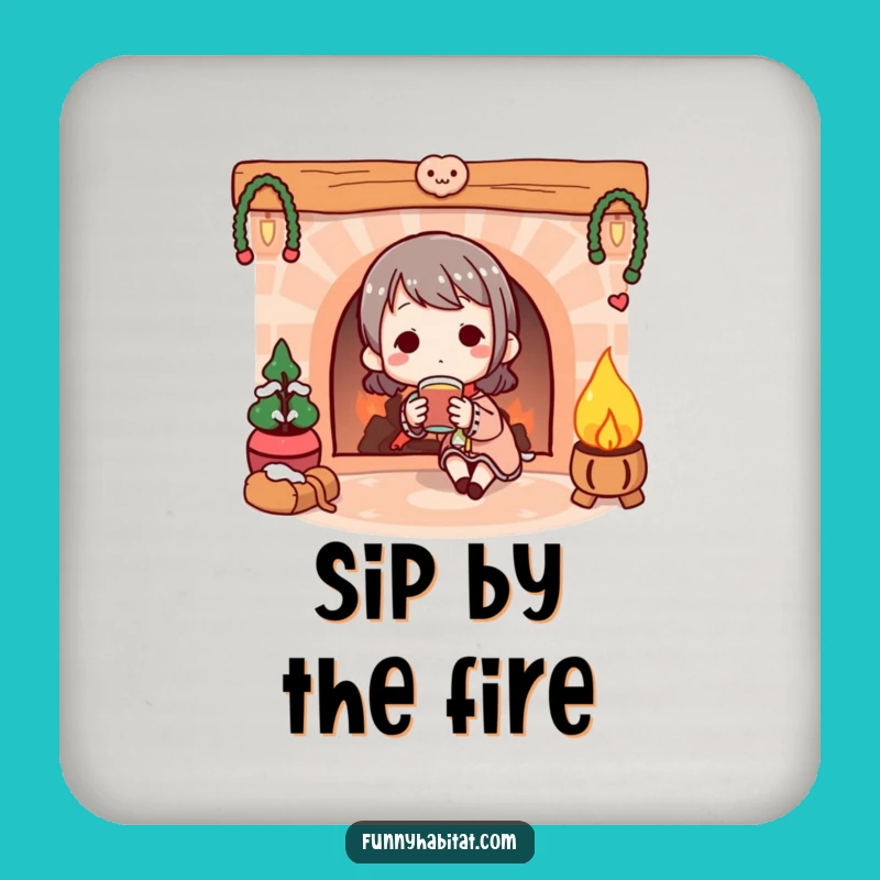 Funny Fireplace Coaster: Warm Drink Design - Protect Surfaces with Cozy Humor