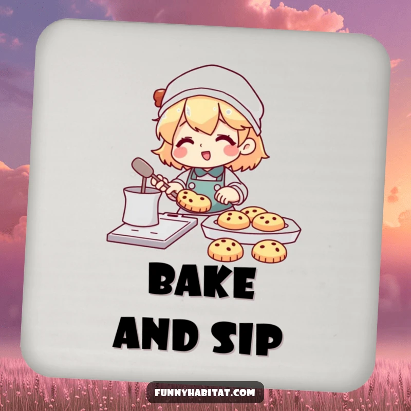 Funny drink coasters featuring a character happily baking cookies with a tray full of treats nearby; humorous and protective table accents.