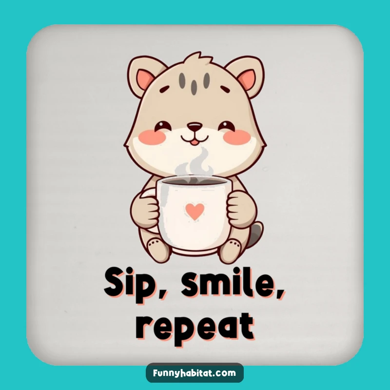 Funny Happy Smile Coaster: Animal with Mug, Cheerful Funny Gift