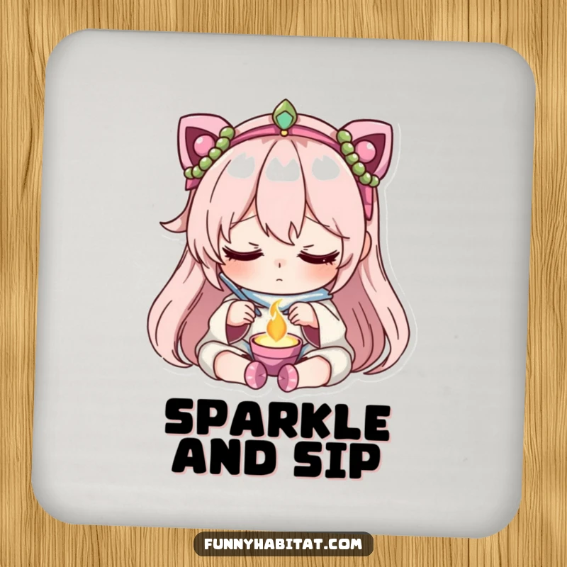 Funny drink coaster set displaying a character with focused, peaceful concentration crafting jewelry, protecting surfaces with charm.