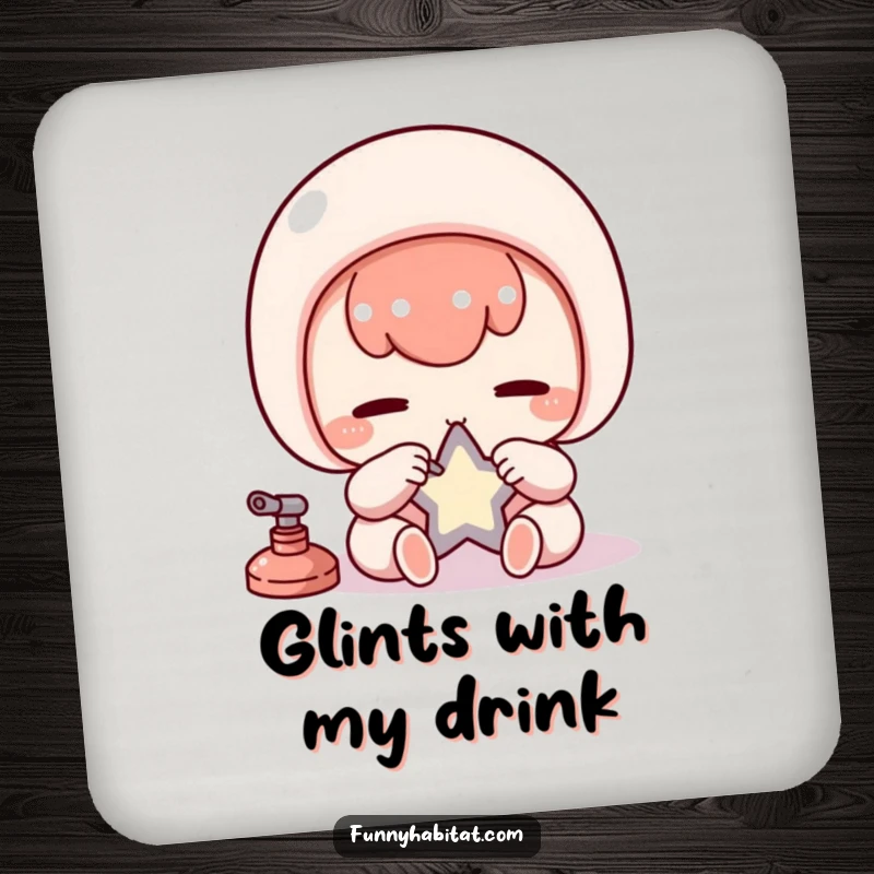 Funny Kawaii Coaster, a diligent character carefully polishes a small star, protecting tables with humor.