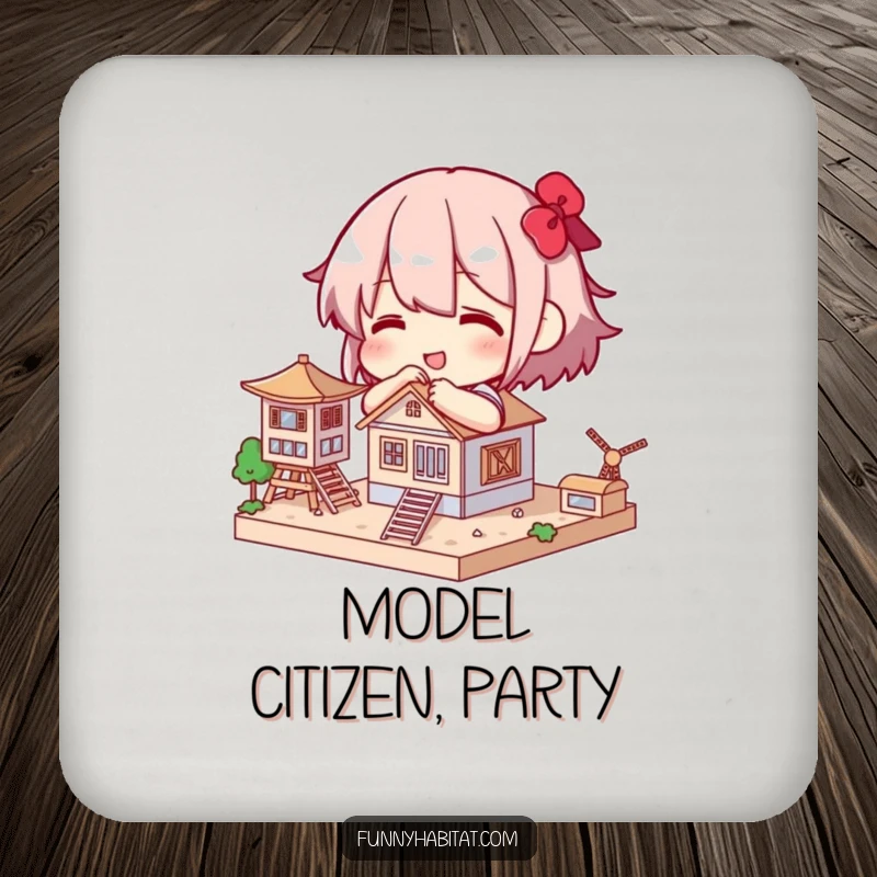 Funny drink coaster with a character happily building a small, intricate model structure, safeguarding surfaces with hobby flair.