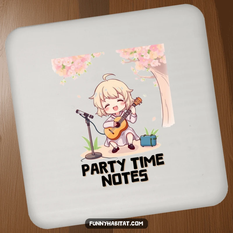 Funny drink coaster with a character joyfully playing a cello outdoors, adding a musical and humorous touch to any table.