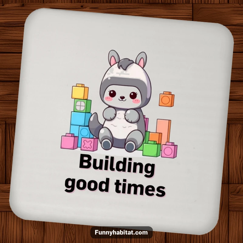 Funny Drink Coaster with a cute animal character organizing colorful building blocks, adding a touch of humor and order.