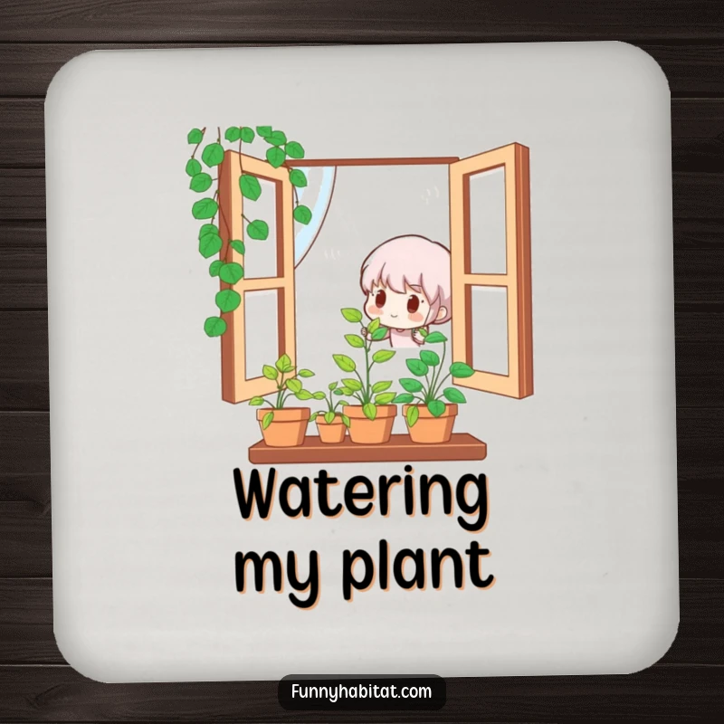 Funny drink coaster with a cute character happily watering a small, vibrant potted plant in a window, protecting surfaces.