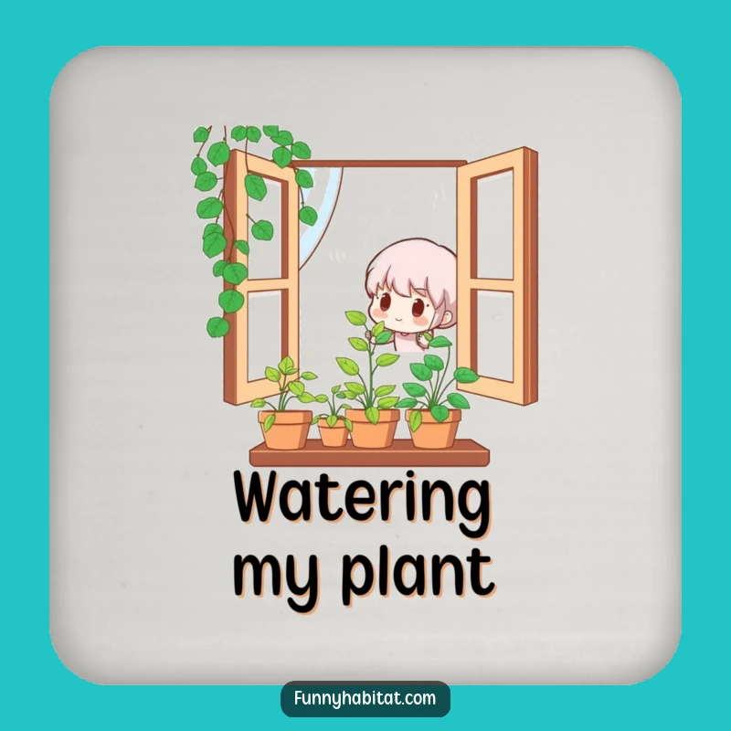 Funny Plant Coaster: Cute Character Waters Plant, Protect Surfaces Gift