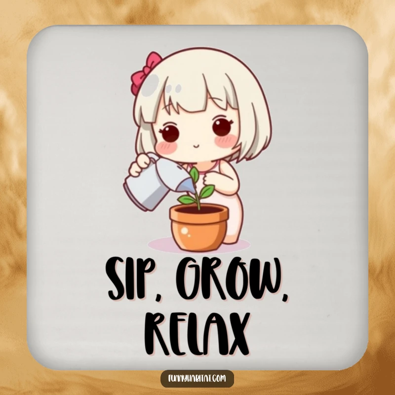 Funny plant coaster, a cute character happily watering a plant, designed to protect surfaces with gentle, nature-inspired humor.